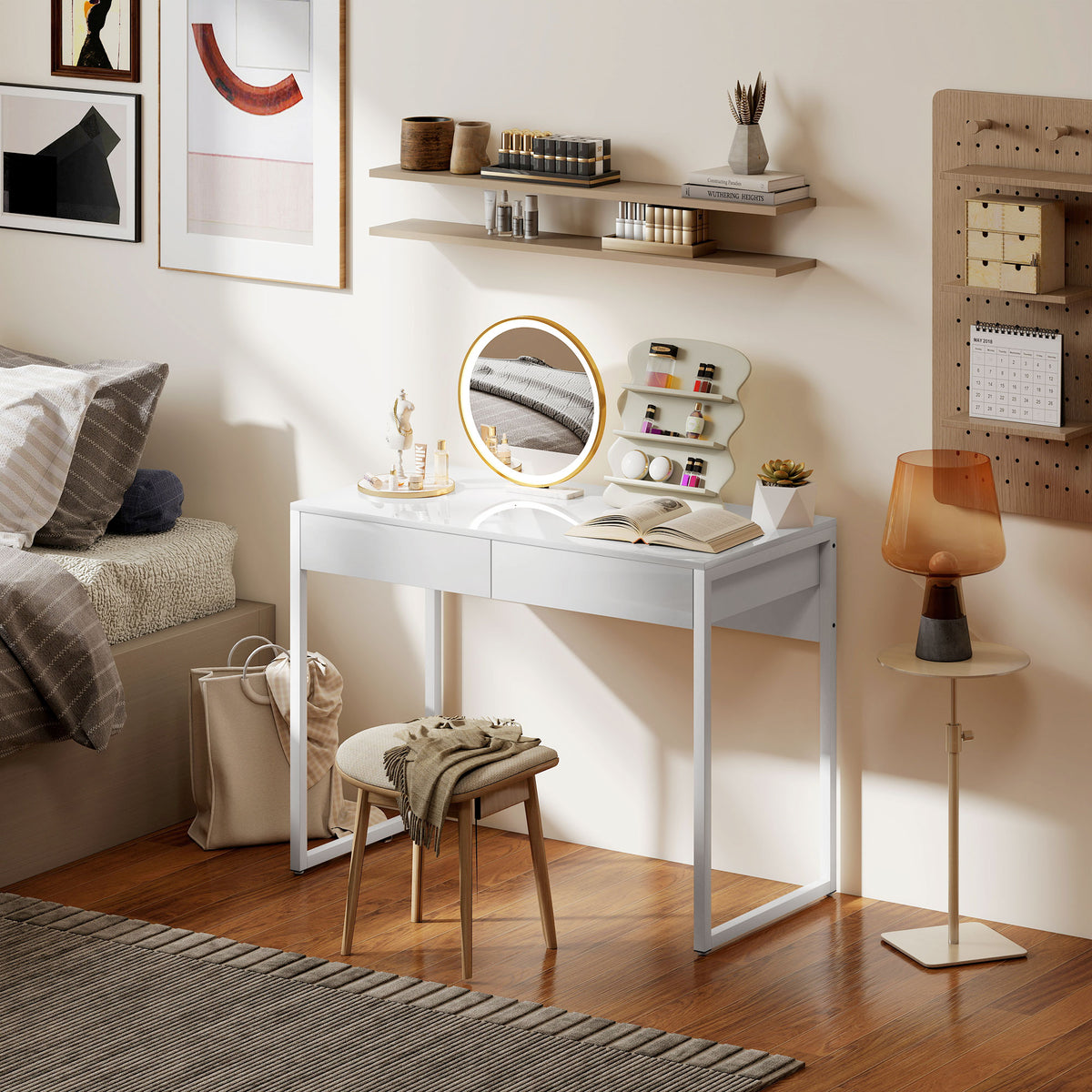 Bureau avec 2 tiroirs, table d'ordinateur 100 x 50 cm, bureau moderne pied en acier, pour petits espaces, blanc brillant