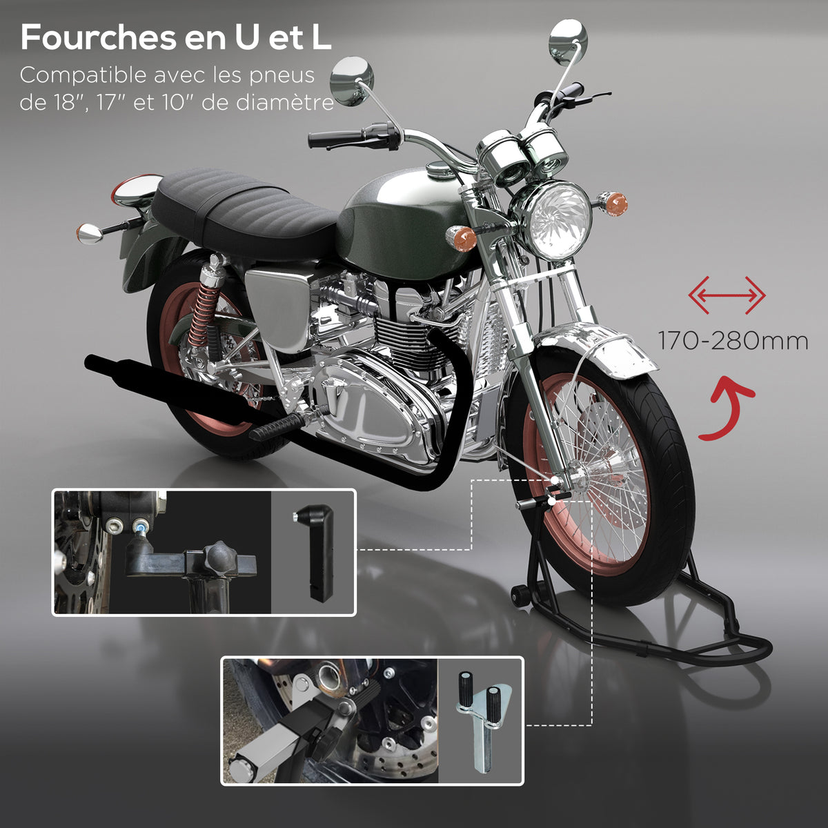 Cavalletto per moto, cavalletto anteriore per moto con perno regolabile e adattatori per forcellone, nero