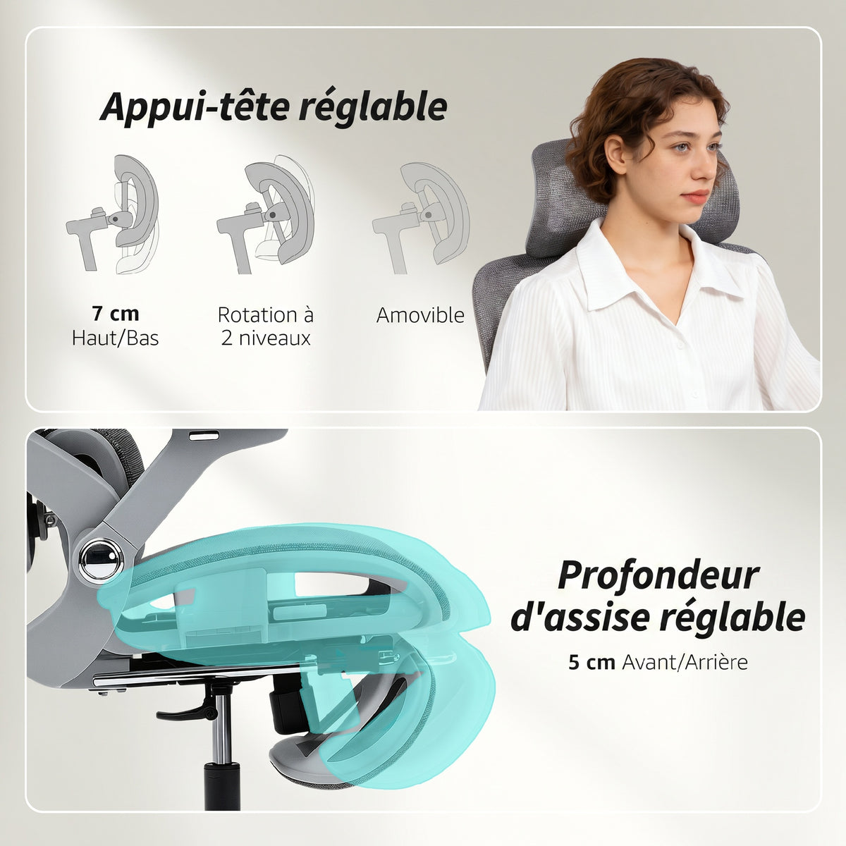 Chaise Bureau Ergonomique avec Accoudoirs 4D Appui-Tête et Profondeur d'Assise Réglables Maille Gris