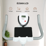 Vélo d'appartement silencieux avec selle et résistance réglables, moniteur LCD, support de tablette, blanc