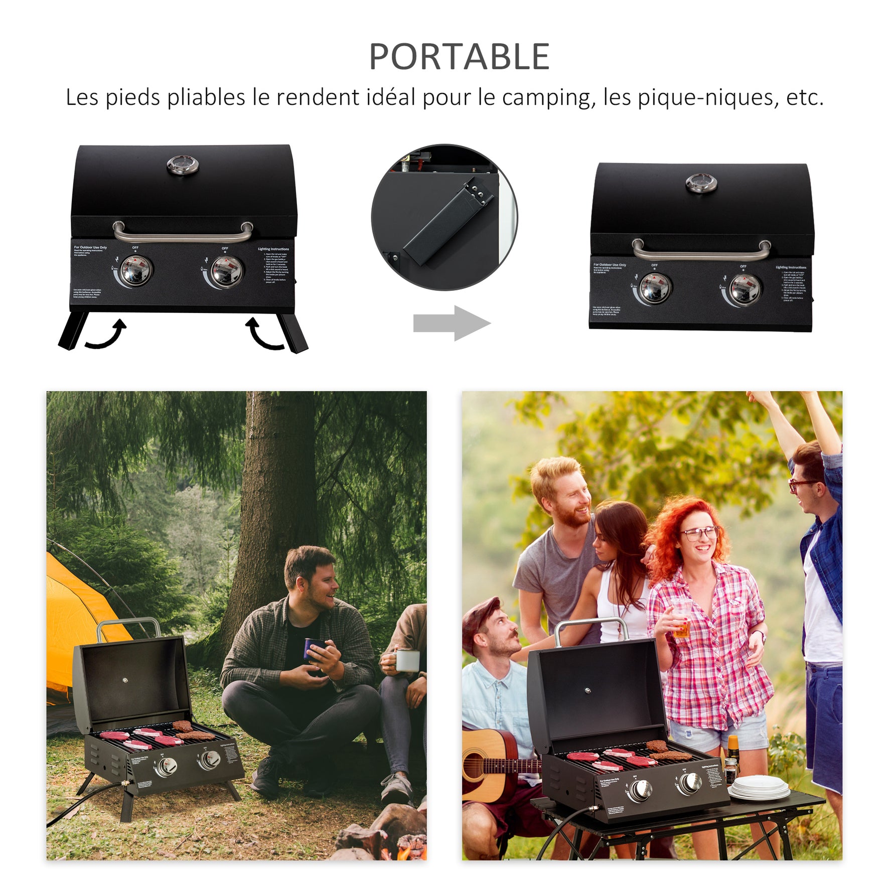 Barbecue gaz de Table transportable Pieds Pliables - 2 brûleurs 5 KW - Barbecue gaz de Camping - Grille de