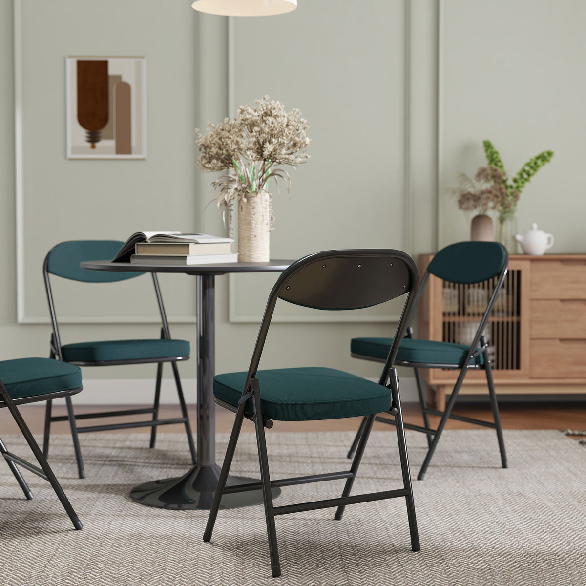 Lot de 4 chaises pliantes chaises de salle à manger portables avec assises et dossiers rembourrés en velours côtelé bleu