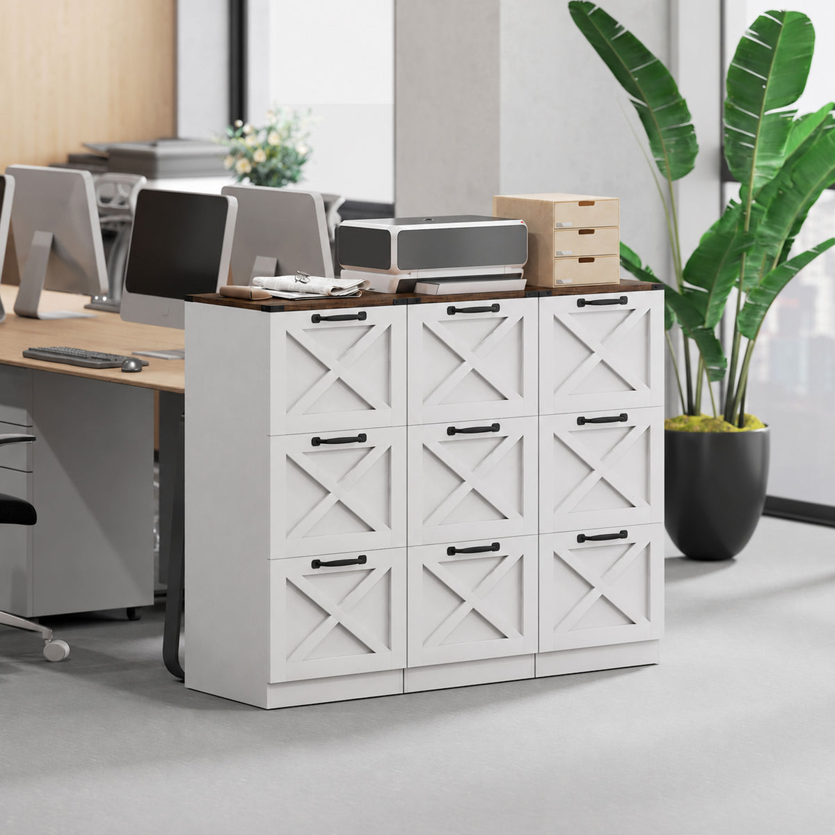 Cassettiera da ufficio con 3 cassetti, cartelle sospese per formati Lettera/A4, stile rustico, 40x40x101 cm, bianco
