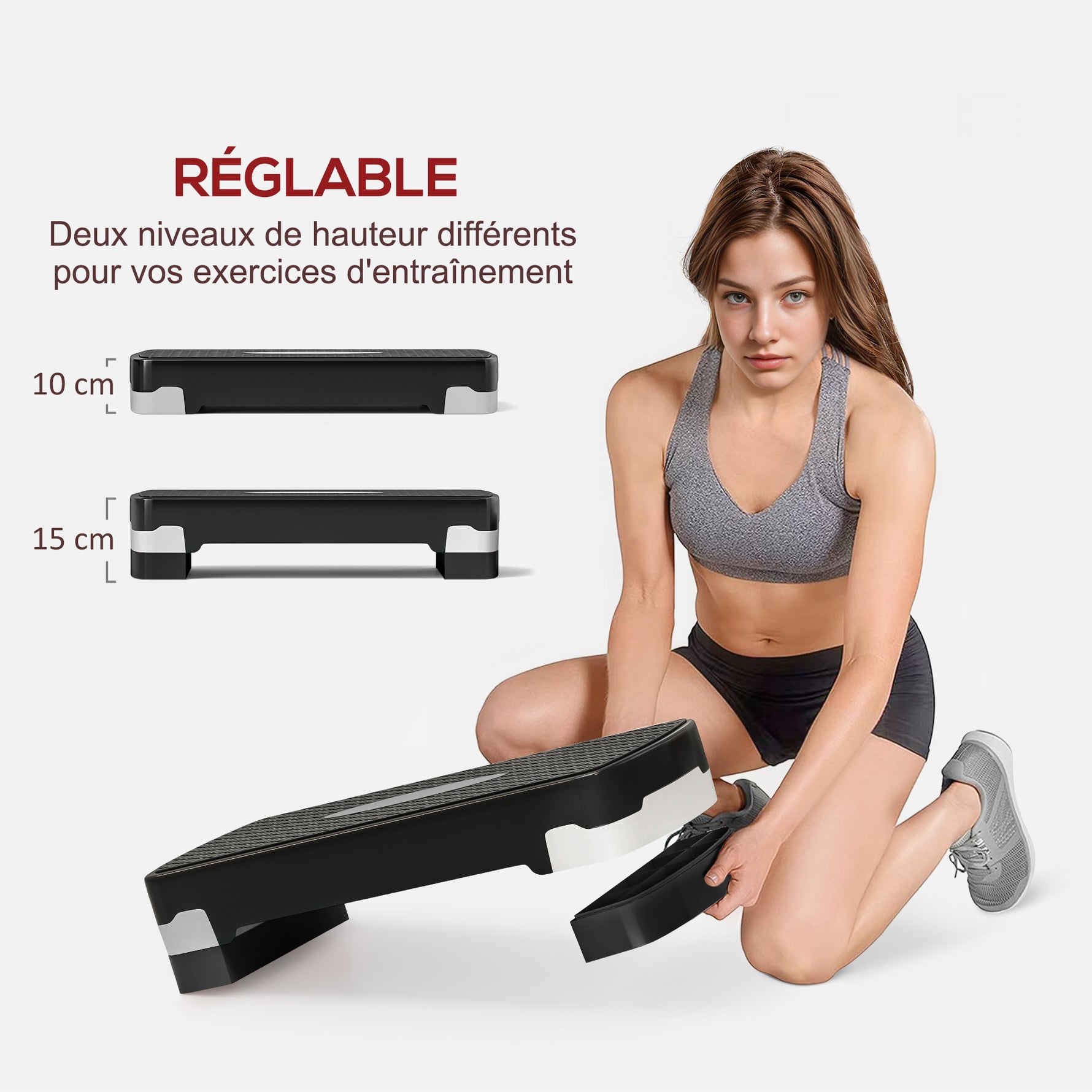 Stepper aerobic fitness hauteur reglable 2 niveaux surface antiderapante PP 68 x 29 x 15 cm noir et gris