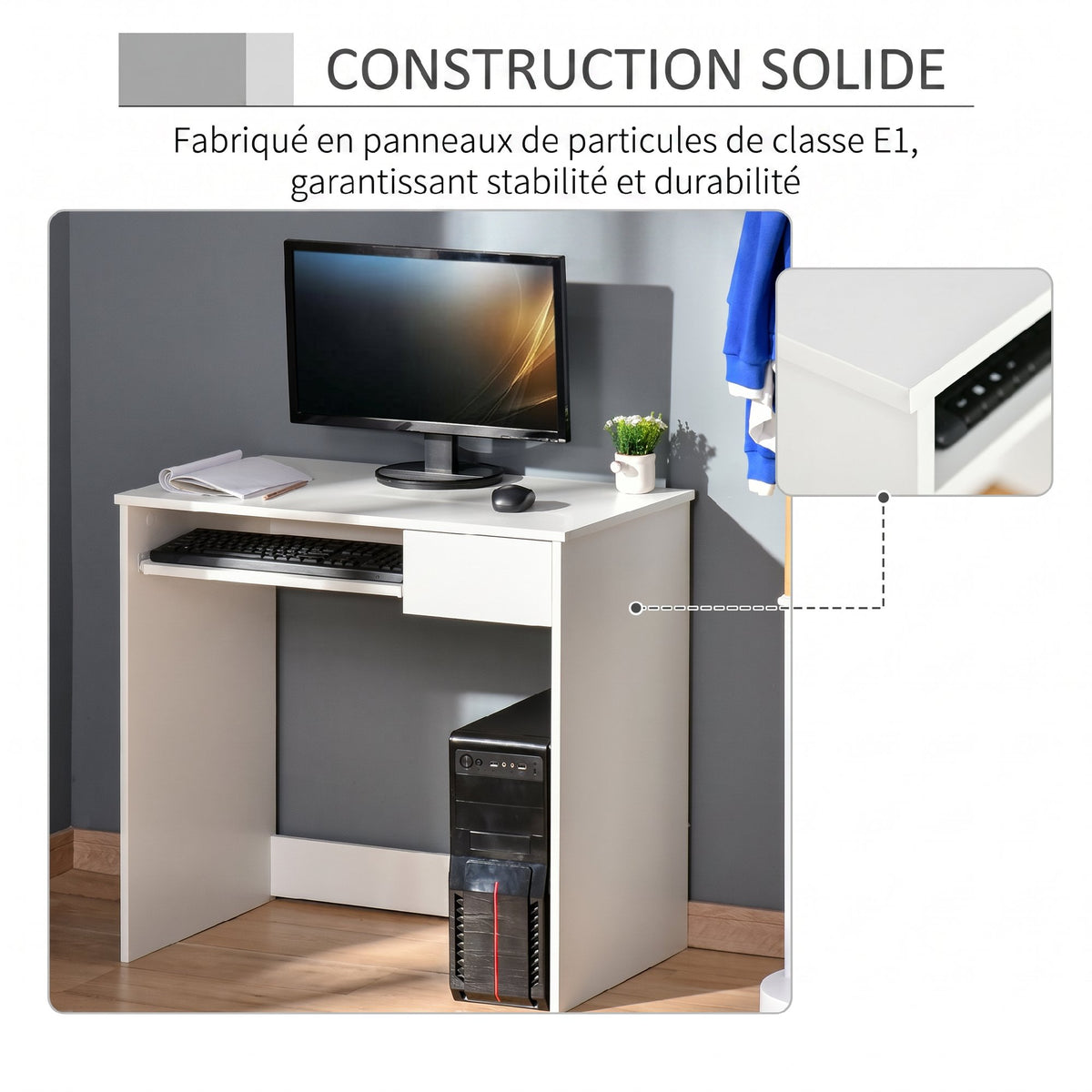 Scrivania per computer, 80 x 45 x 75 cm, scrivania con spazio di archiviazione, ripiano per tastiera e cassetto, bianco