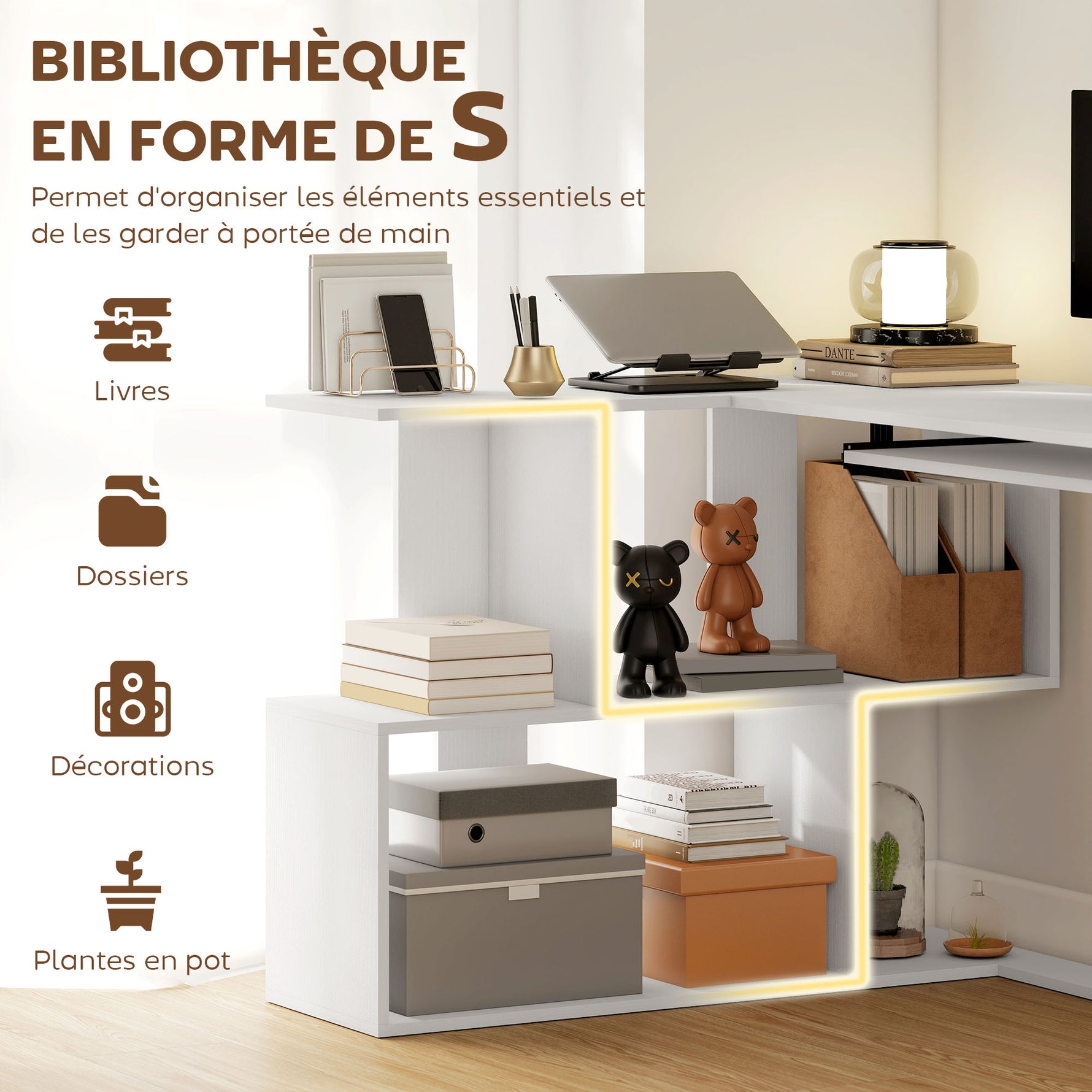 Bureau d'angle bureau en L avec étagères de rangement, plateau à clavier coulissant, 120x100x76cm, blanc