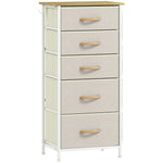 Commode 5 tiroirs en tissu, meuble de rangement avec 4 poches, 2 crochets, structure en acier, 45 x 30 x 94,5 cm, beige