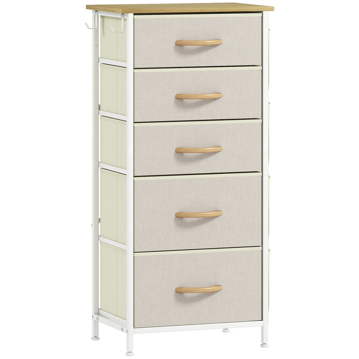 Commode 5 tiroirs en tissu, meuble de rangement avec 4 poches, 2 crochets, structure en acier, 45 x 30 x 94,5 cm, beige
