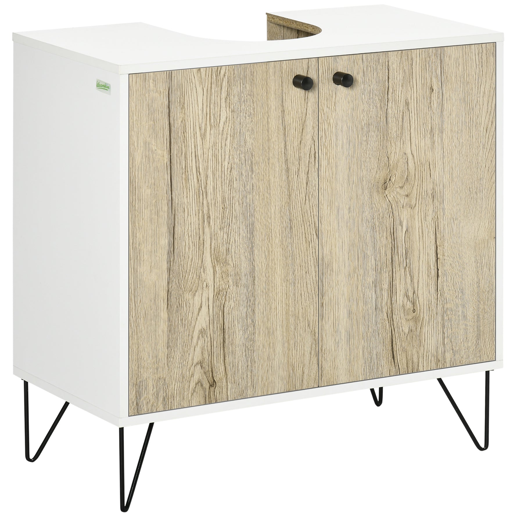 Meuble sous lavabo, meuble de salle de bain avec 2 portes, pieds en acier, 60 x 30 x 60 cm, blanc et bois naturel
