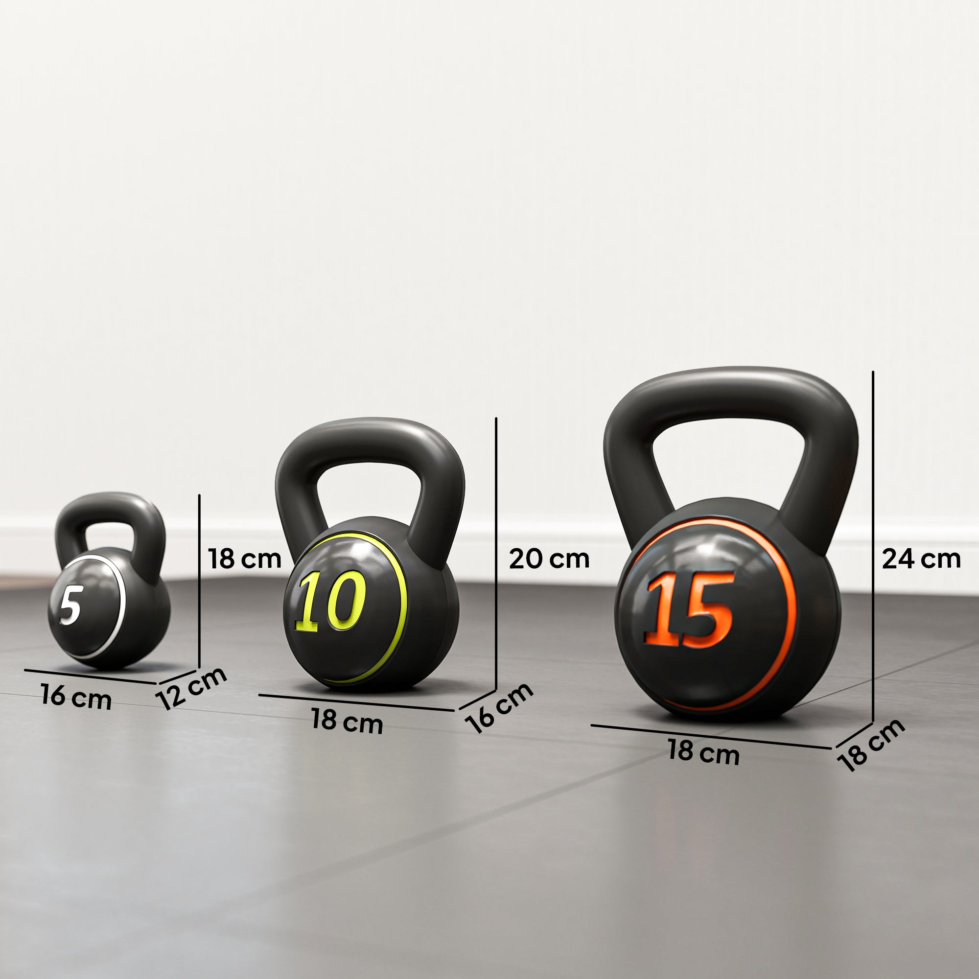 3er-Set Kettlebells, 2,2, 4,5 und 6,8 kg, rutschfester Griff für Fitness- und Sporttraining, inklusive schwarzem Ablageregal