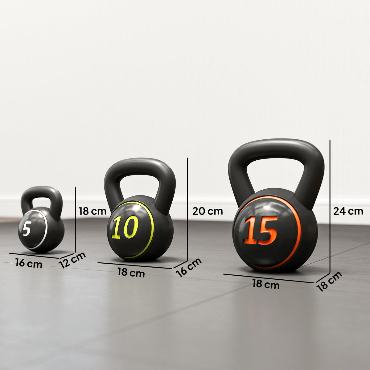 3er-Set Kettlebells, 2,2, 4,5 und 6,8 kg, rutschfester Griff für Fitness- und Sporttraining, inklusive schwarzem Ablageregal