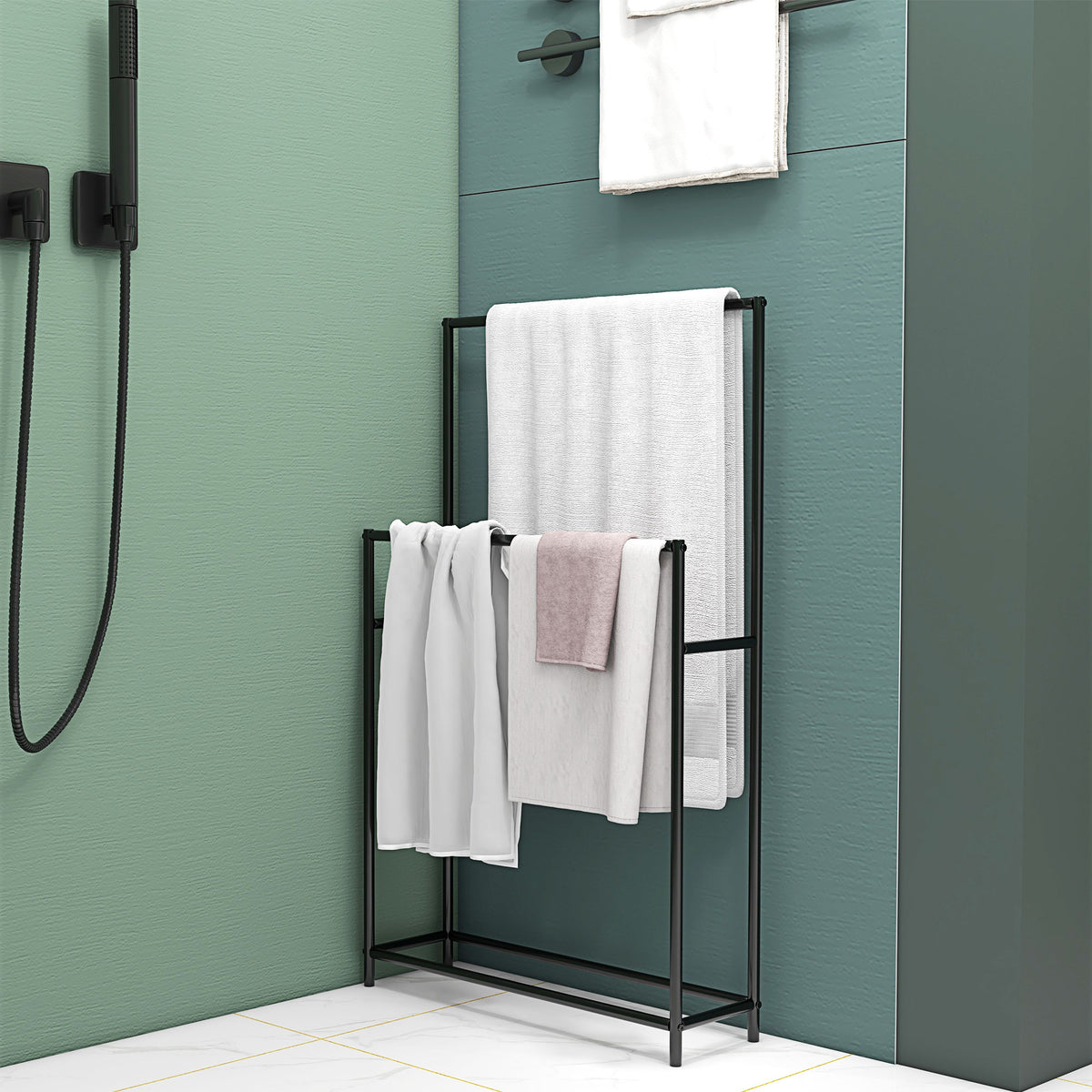 Porte serviettes sur pied sèche serviette 2 niveaux en métal pour la salle de bain, dim. 66l x 20P x 110H cm, noir