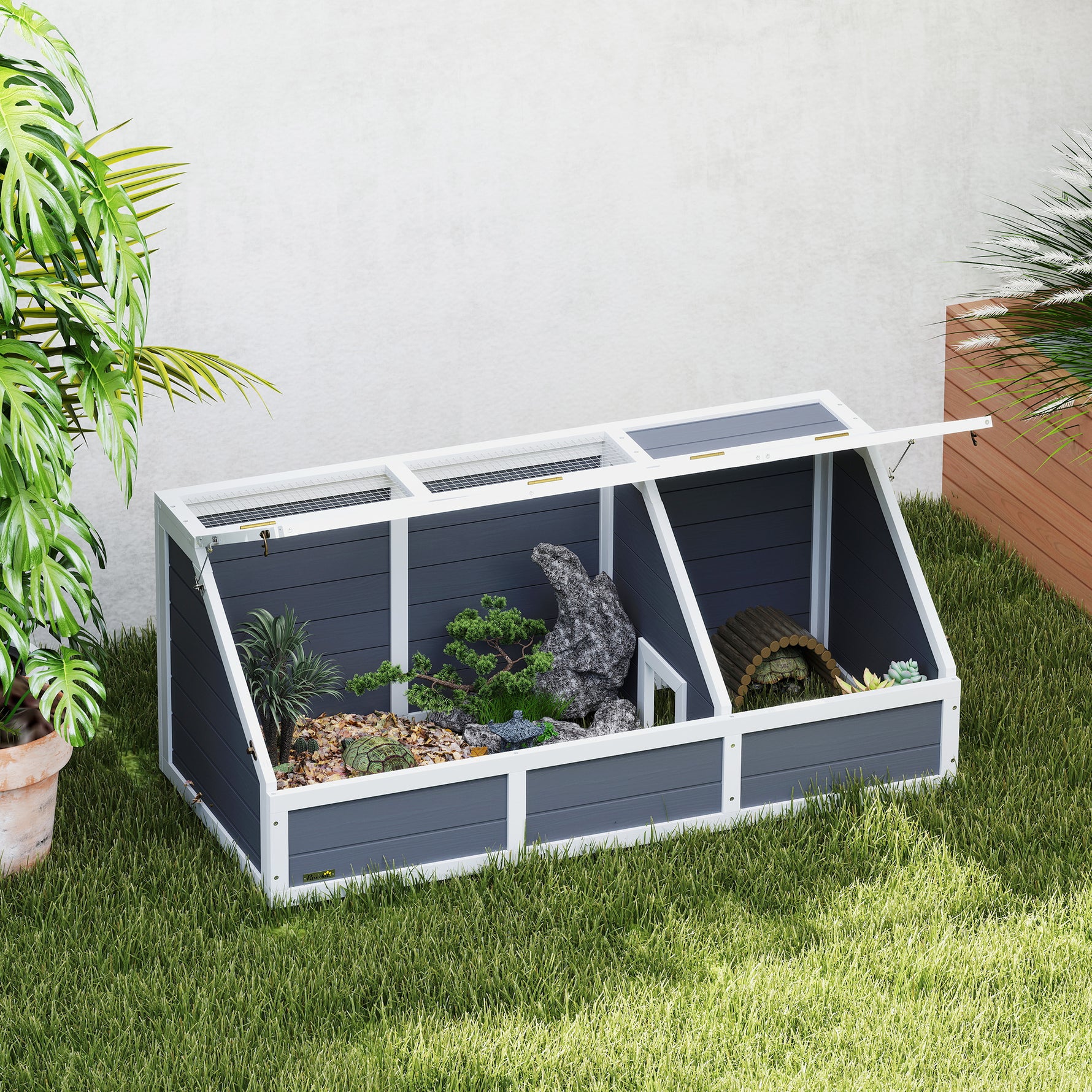 Maison enclos cage pour petit animal tortue en bois avec couvercle ouvrable, loquets, 2 espaces distincts, gris
