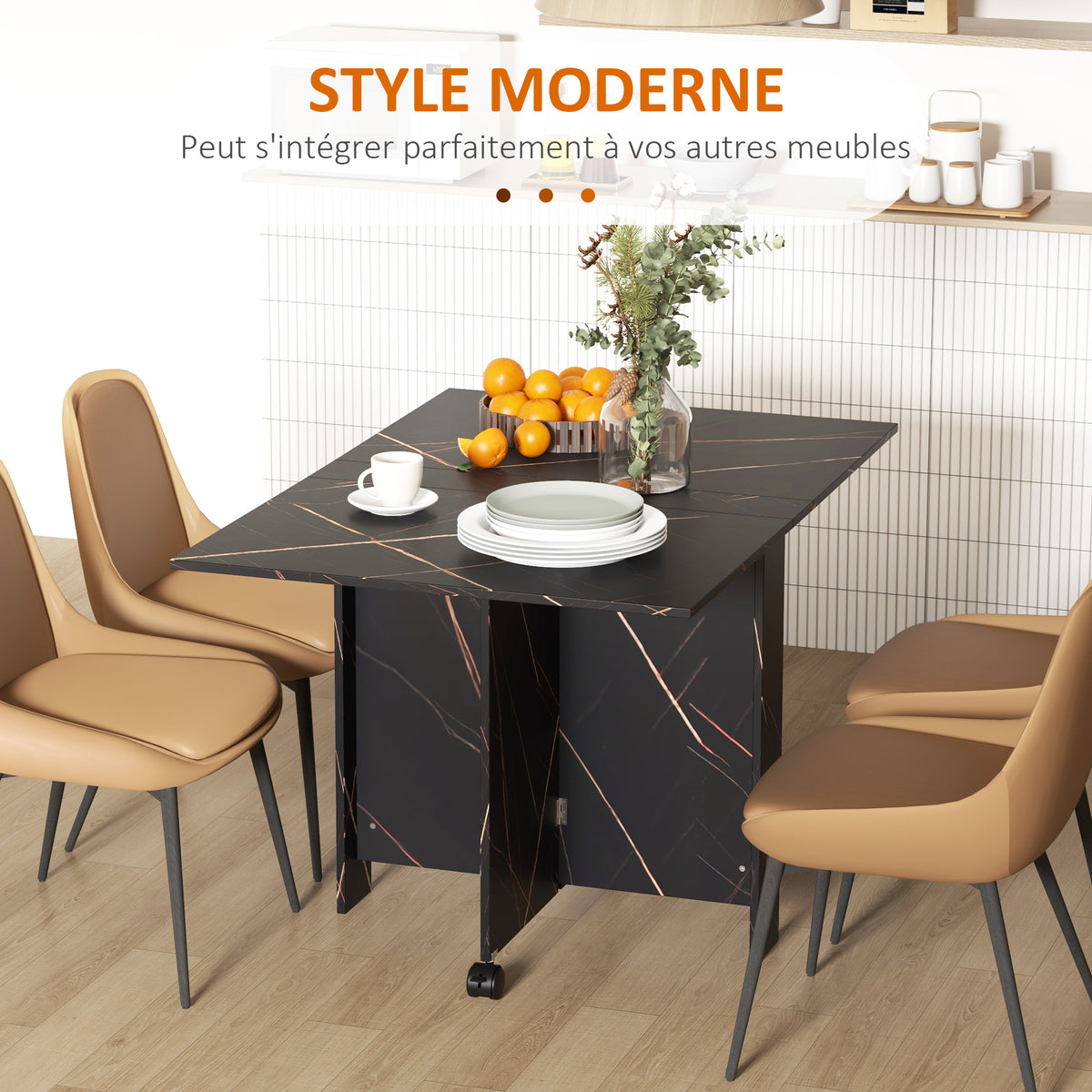 Tavolo pieghevole da cucina tavolo da pranzo pieghevole con 2 ribalte 2 ruote con freni 120 x 80 x 73 cm nero effetto marmo