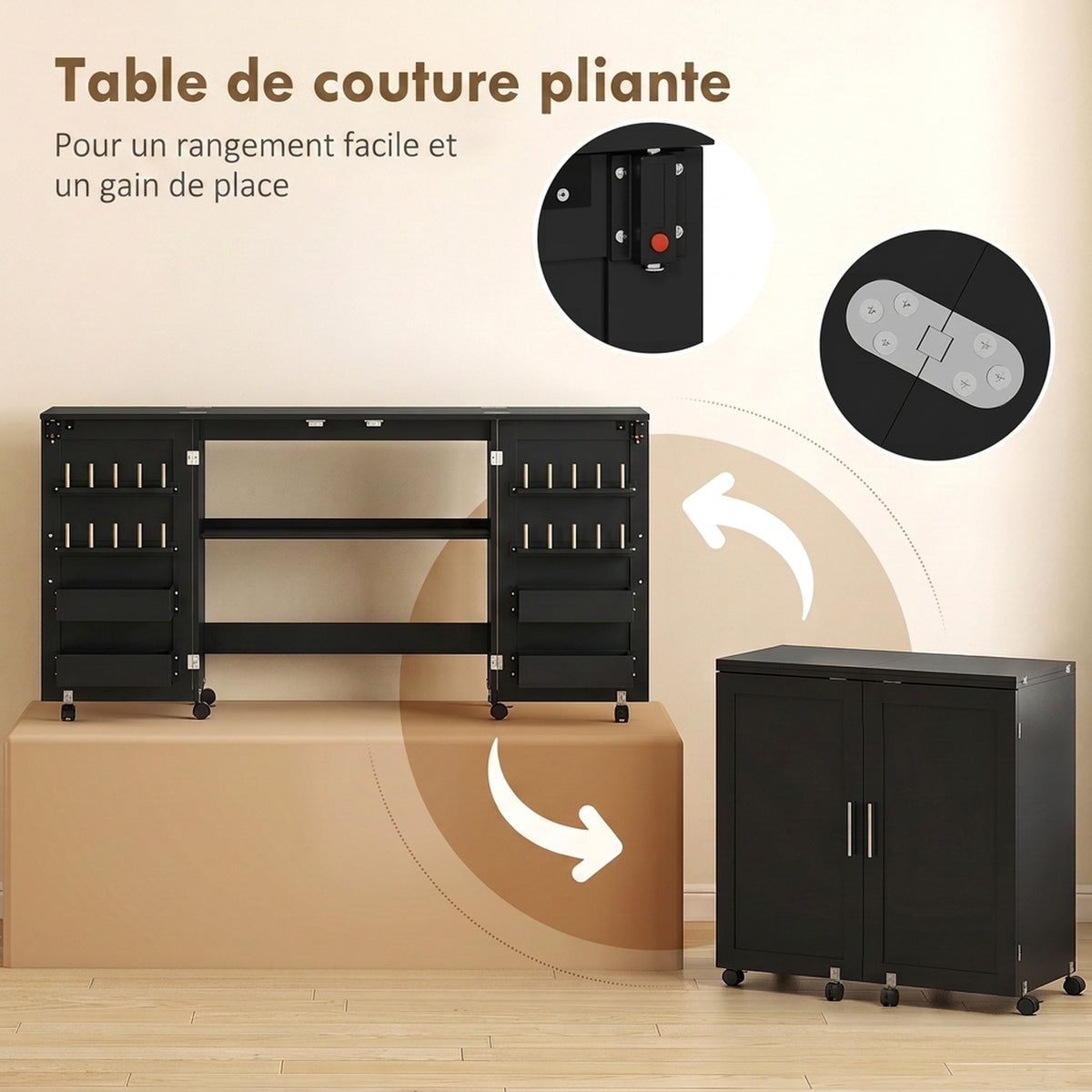 Table de couture pliante, meuble couture à roulettes, 2 portes magnétiques, 4 bacs, 20 crochets, 160x40x83cm, noir