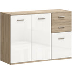 Buffet salon, meuble de rangement avec 2 tiroirs, 3 portes et étagère réglable, 106 x 35 x 76 cm, blanc et bois naturel