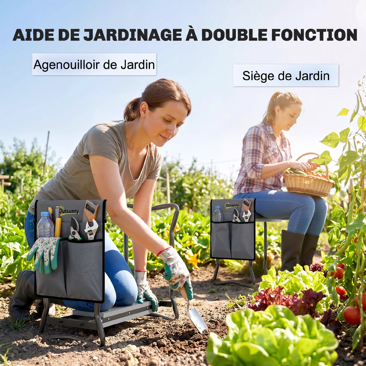 Tabouret de Jardin Pliable 2 en 1, Coussin en Mousse EVA et 4 Poches à Outils Amovible, Charge 150kg, 58x28x49cm, Gris