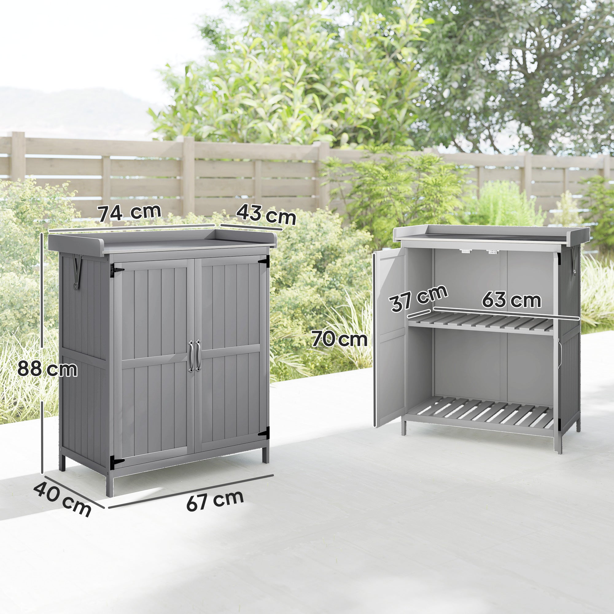 Armoire de jardin en bois abri de jardin avec 2 portes, toit à charnières et étagère, 74 x 43 x 88 cm, gris