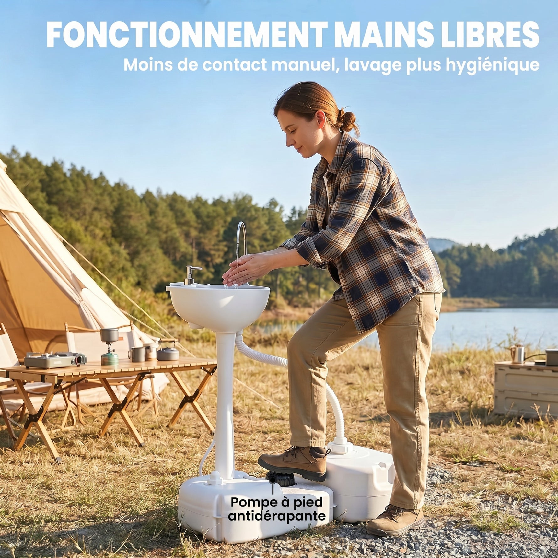 Évier à Main Portable Station de Lavage Camping Jardin Extérieur Voyager avec Réservoir d'Eau 17L Gris