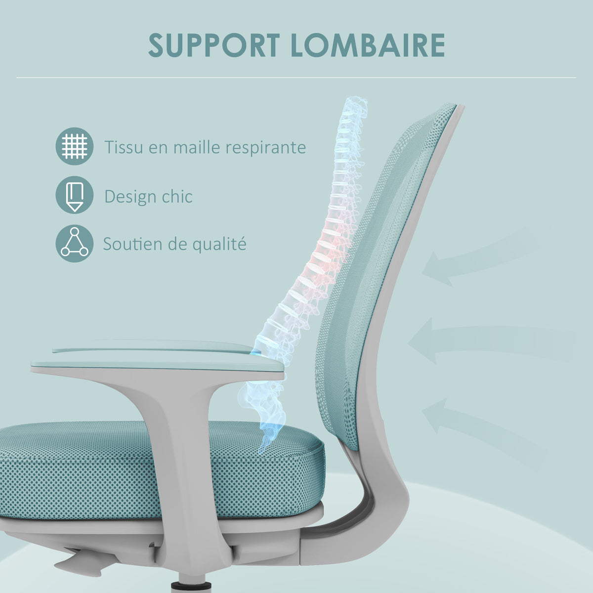 Fauteuil de bureau, chaise de bureau ergonomique en maille, hauteur réglable, 55x48x82,5-94,5cm, vert