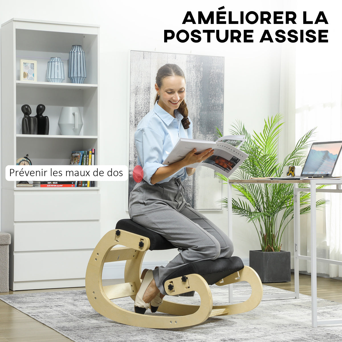 Siège assis genoux, siège ergonomique en bois avec fonction à bascule, chaise à genoux réglable pour bureau à domicile