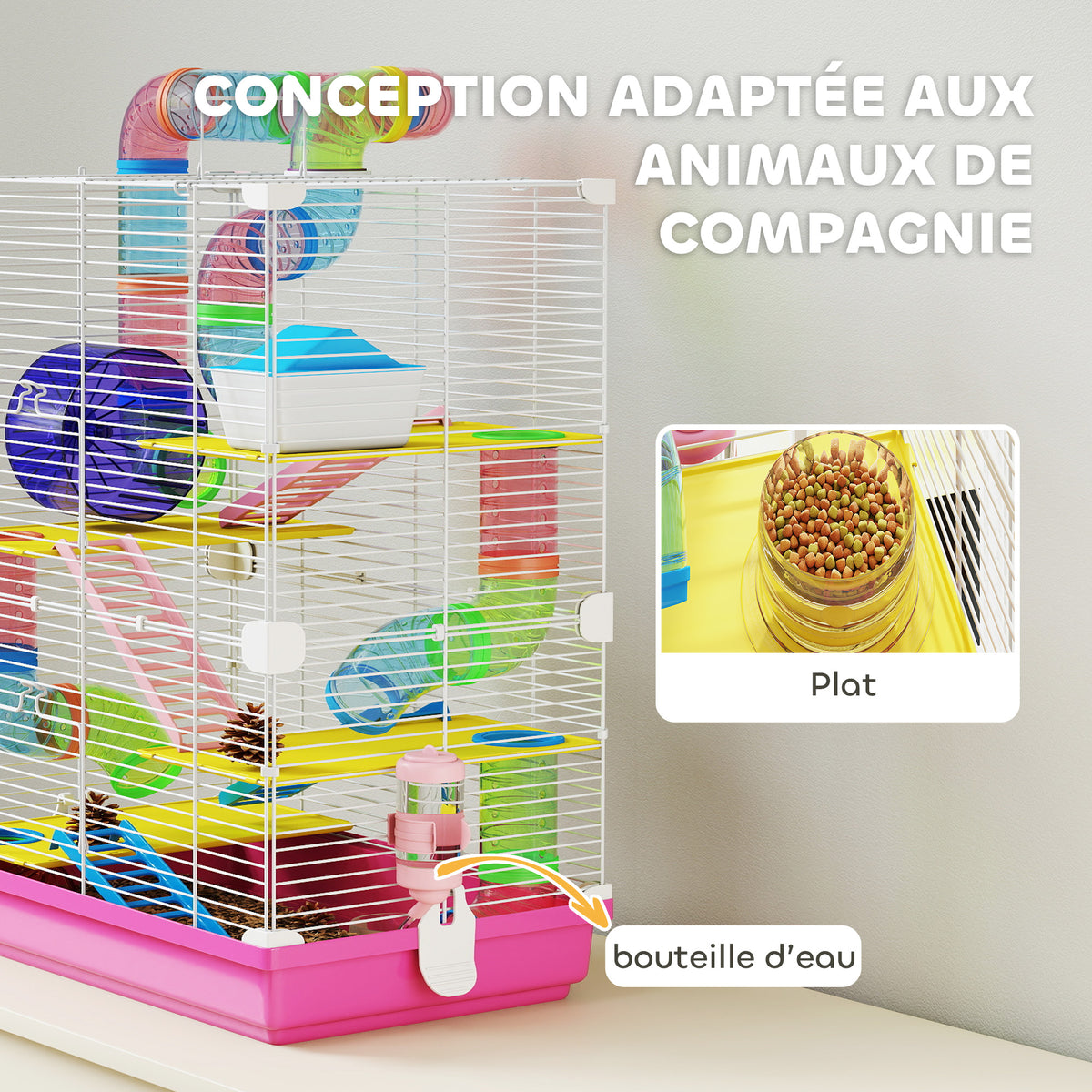 Cage pour Hamster Rongeur 5 Étages avec Tunnels, Mangeoire, Roue, Maison, Échelles, 46 x 30 x 58 cm, Rose