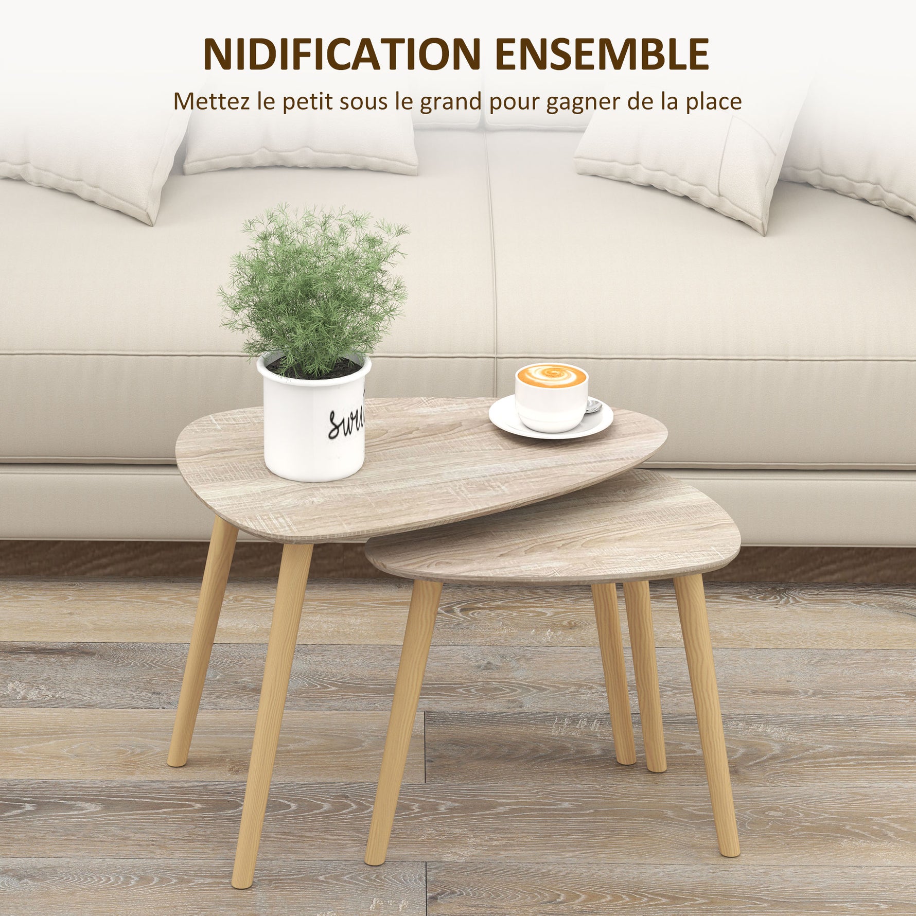 Lot de 2 tables basses gigognes design scandinave pieds en bois et plateau en bois, aspect naturel