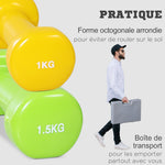 Ensemble d'haltères courtes total 10 Kg - paires de 0,5/1/1,5/2 Kg avec malette - entraînement musculaire & haltérophilie - métal PU rose, jaune, vert, violet
