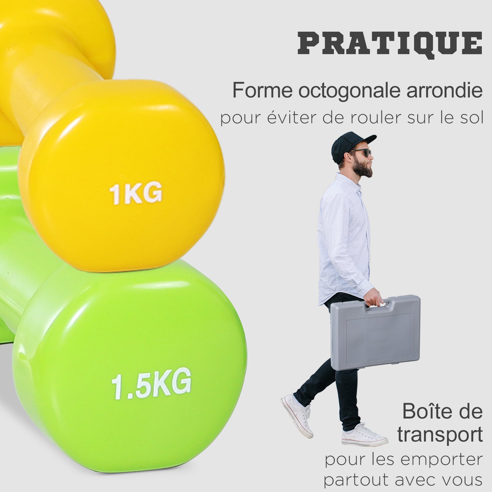 Ensemble d'haltères courtes total 10 Kg - paires de 0,5/1/1,5/2 Kg avec malette - entraînement musculaire & haltérophilie - métal PU rose, jaune, vert, violet