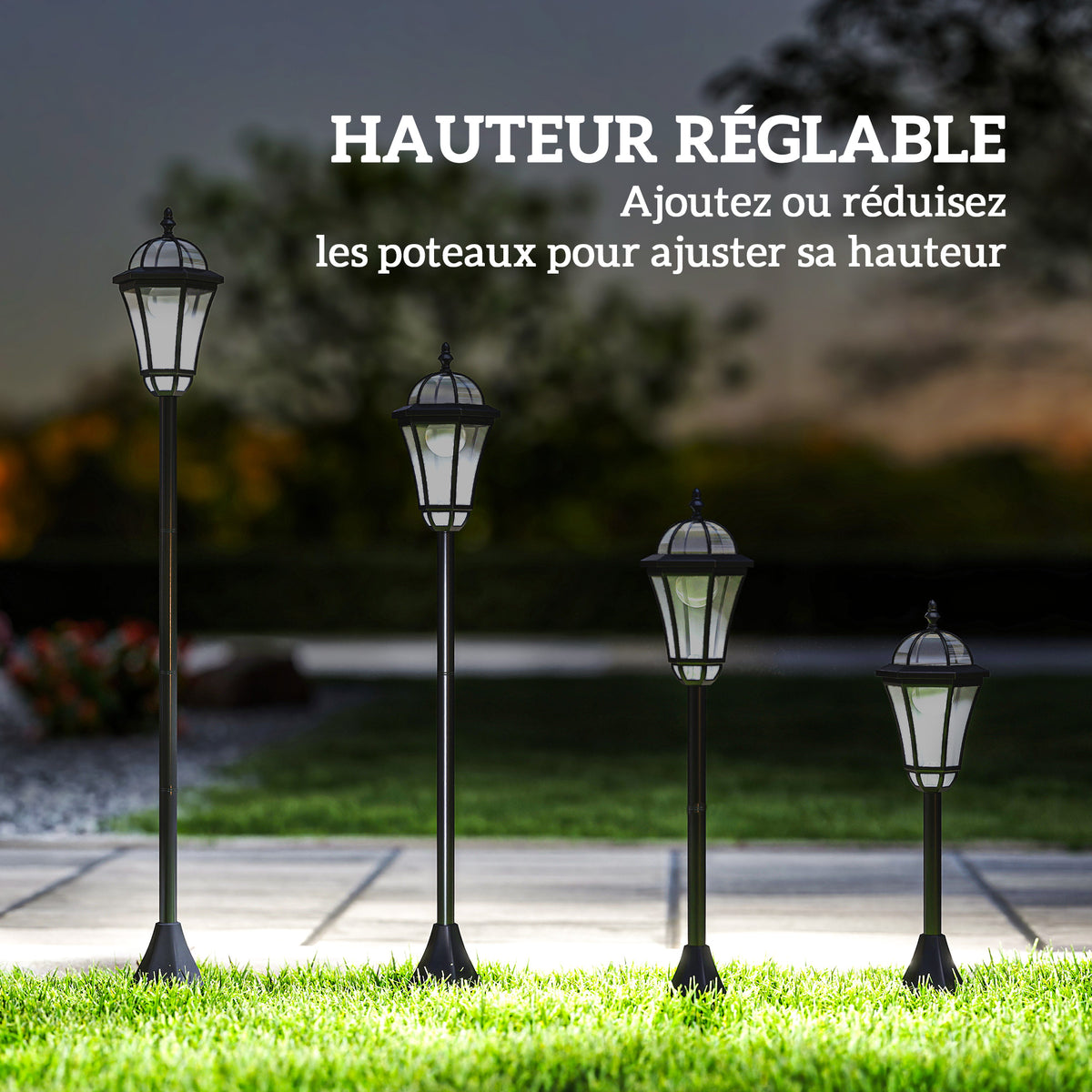 2 staande solarlantaarns voor buiten/tuin met 2 witte 6000K ledlampen IP44 Ø18,5 x 129H cm zwart