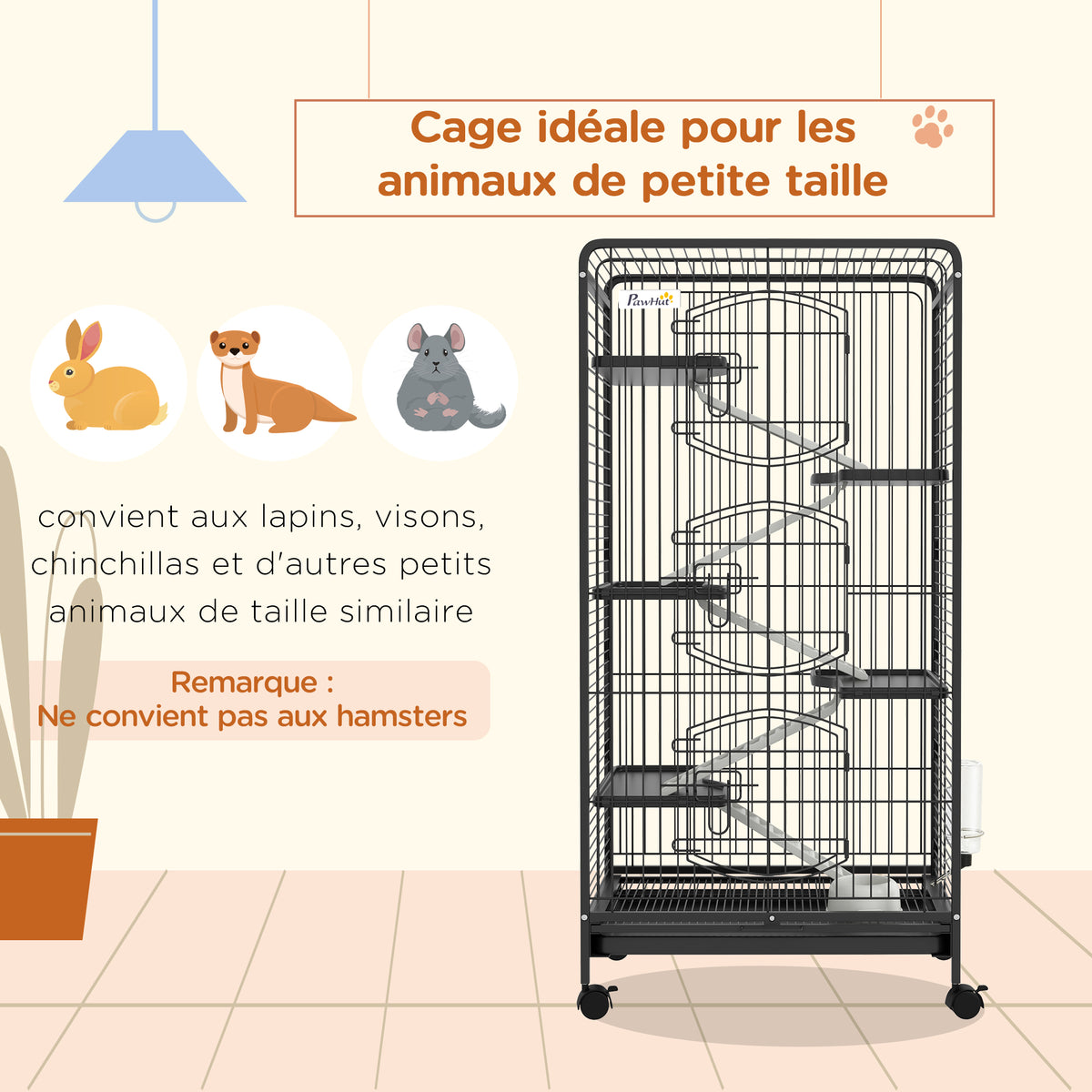 Cage pour Petits Animaux Roulante 5 Rampes 5 Plates-formes Plat et Bouteille d'Eau 250 ml Bac Inférieur Amovible