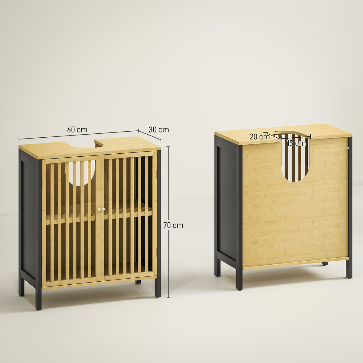 Mueble bajo lavabo de 2 puertas con estante ajustable, armario de almacenamiento para lavabo, 60 x 30 x 70 cm, MDF y bambú