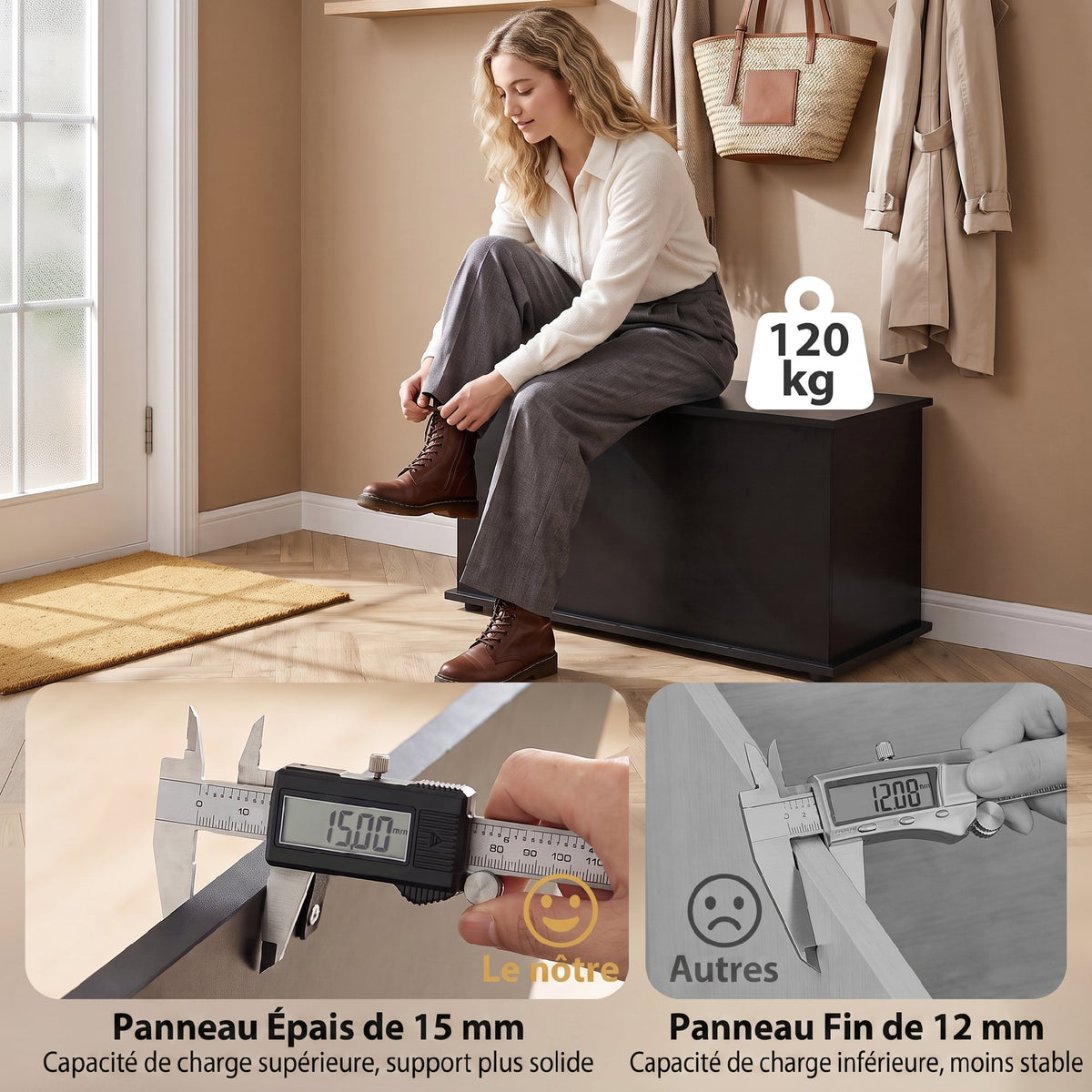 Coffre de Rangement, Banc de Rangement avec Couvercle Rabattable et Charnières de Sécurité, 80 x 40 x 45 cm, Noir