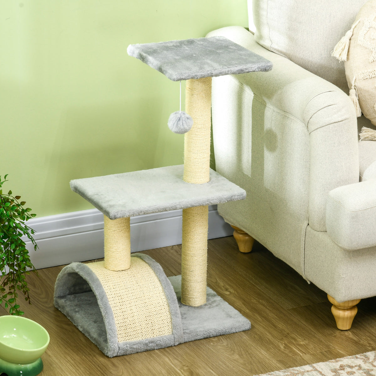 Krabpaal krabmeubel voor katten hoogte 72 cm met hangend speeltje lichtgrijs