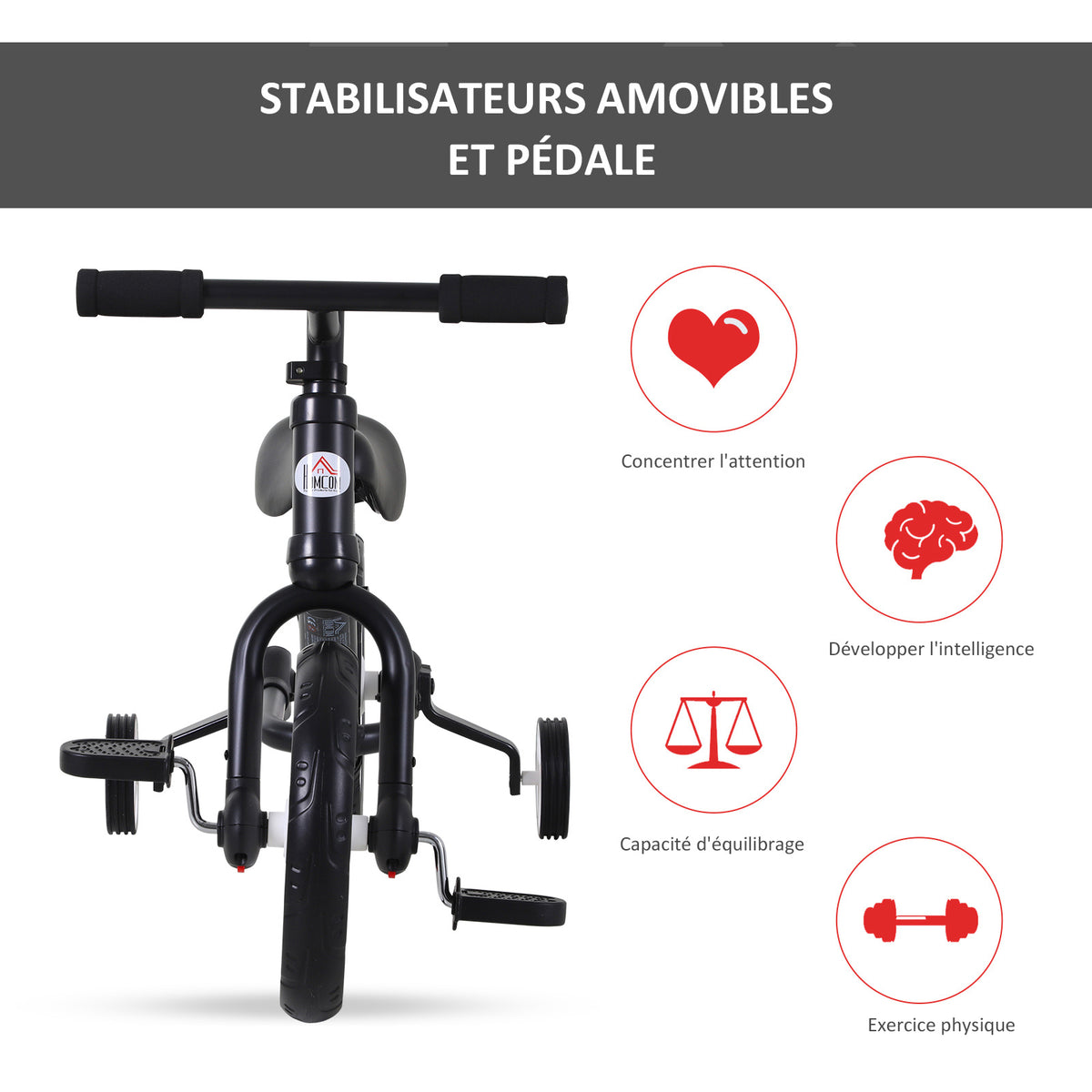 Bicicletta per bambini 2 in 1, balance bike con rotelle e pedali rimovibili, ruote da 12", altezza sella regolabile per bambini dai 2 ai 5 anni, acciaio, nero
