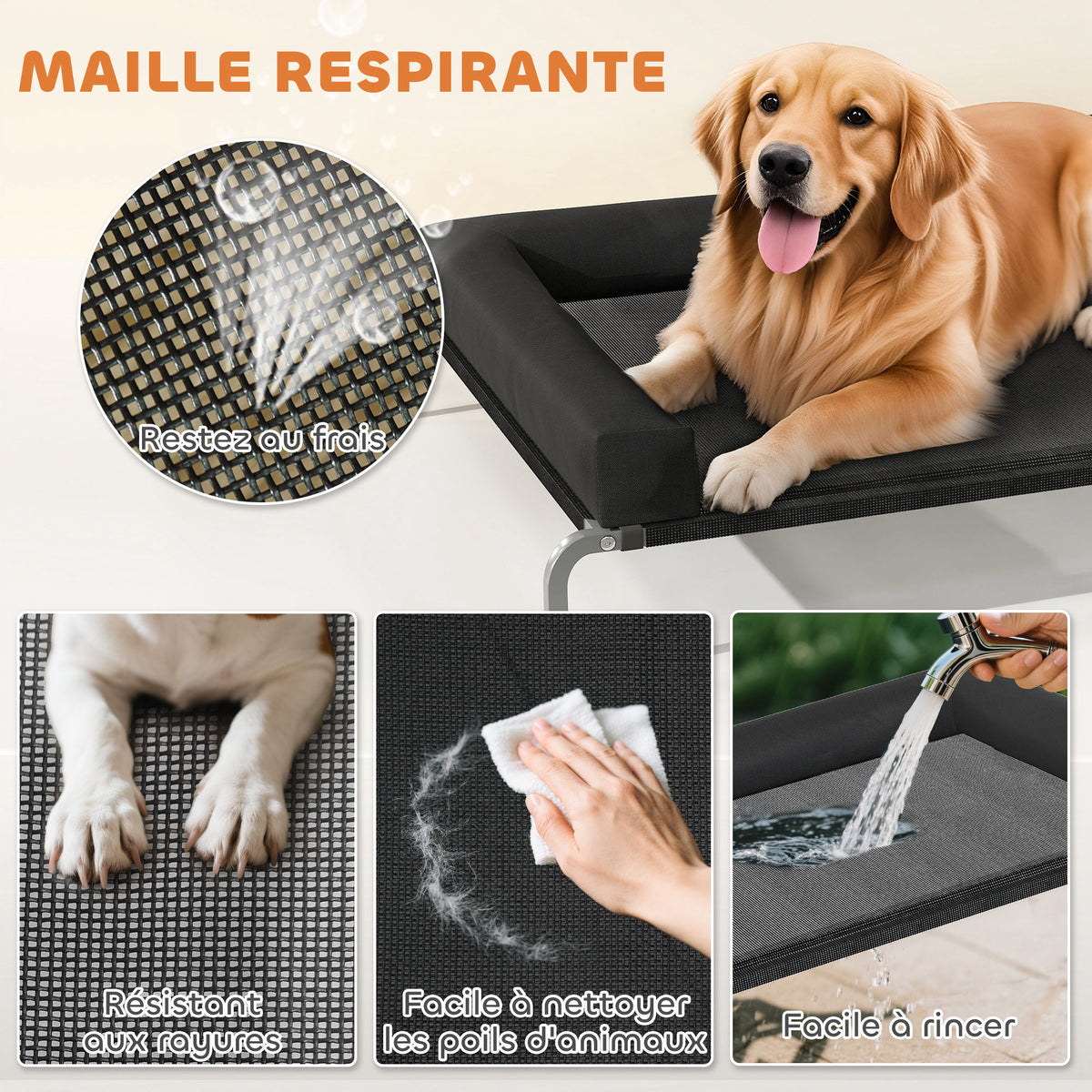 Lit surélevé pour chien rafraichissant, lit de camp pour chiens intérieur extérieur portable, 130 x 90 x 30 cm, noir