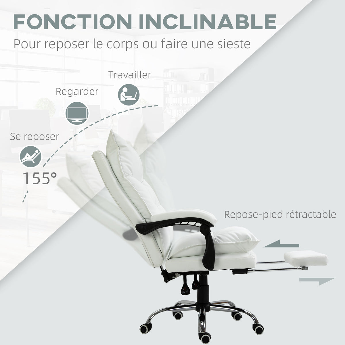 Fauteuil de bureau, chaise bureau ergonomique avec dossier inclinable, hauteur réglable, 66 x 72 x 130 cm, blanc