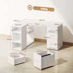 Bureau d'Angle, Bureau Informatique en L, 3 Tiroirs, 5 Compartiments Ouverts, Étagères Réglables, 140x100x75cm, Blanc