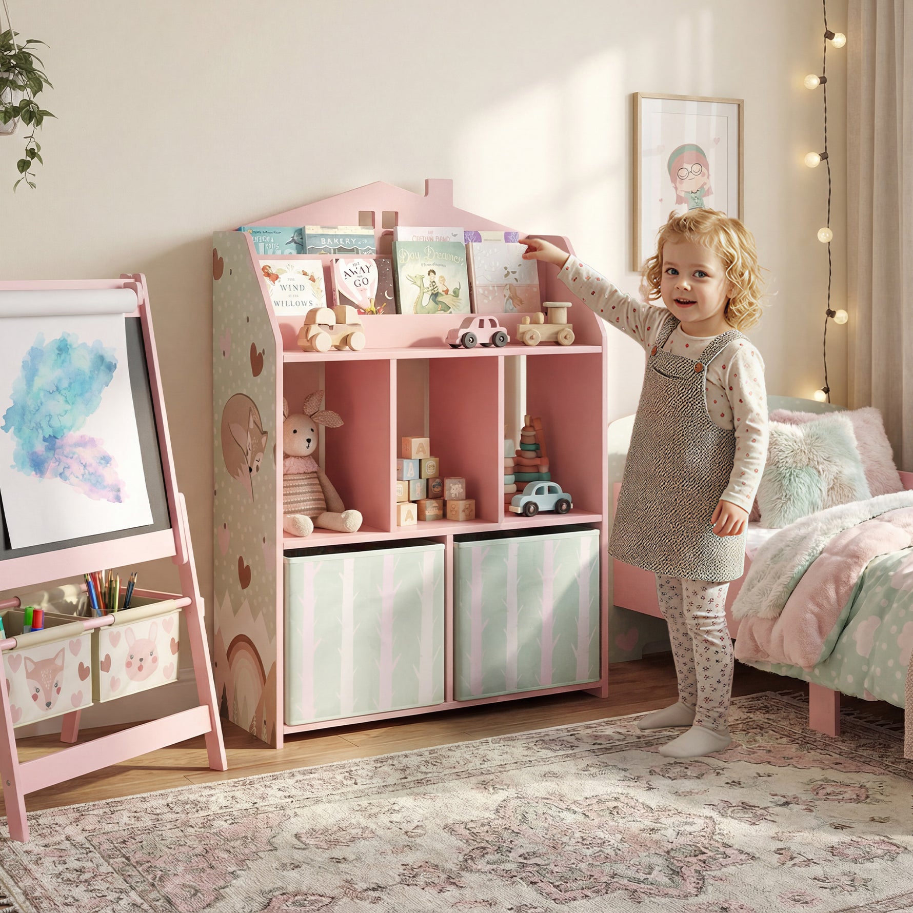 Meuble rangement enfant, bibliothèque enfants avec étagères ouvertes et 2 tiroirs en tissu, MDF, rose