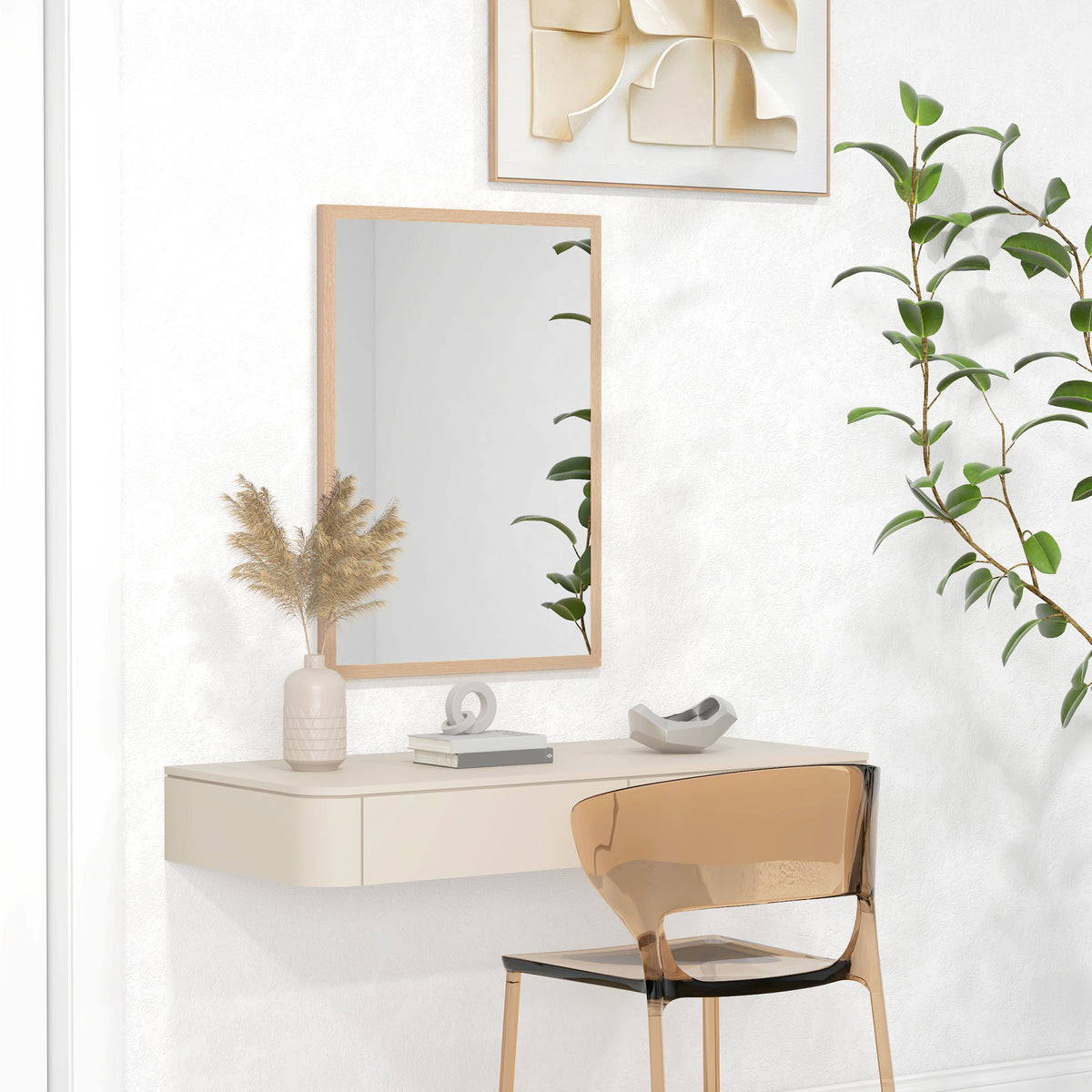 Miroir mural rectangulaire 50 x 70 cm, cadre en bois, idéal pour la salle de bain, salon ou chambre, naturel