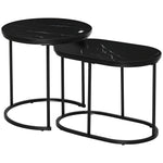 Lot de 2 tables basses tables d'appoint gigognes en acier et plateau MDF aspect marbre - table ronde et ovale - noir