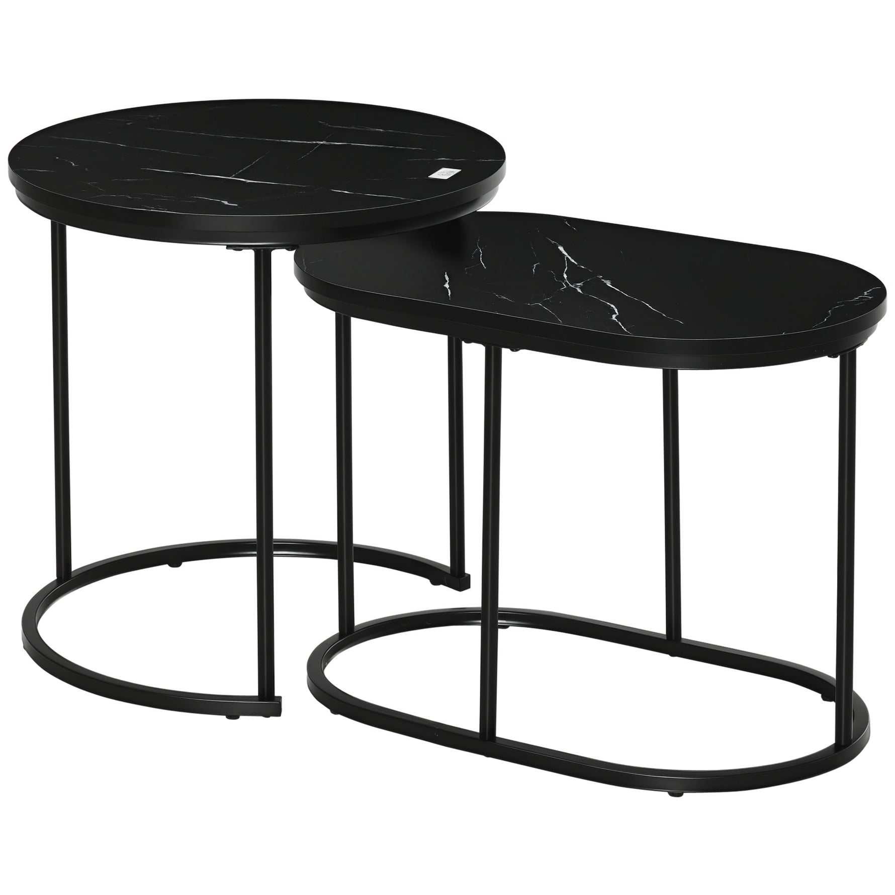 Lot de 2 tables basses tables d'appoint gigognes en acier et plateau MDF aspect marbre - table ronde et ovale - noir