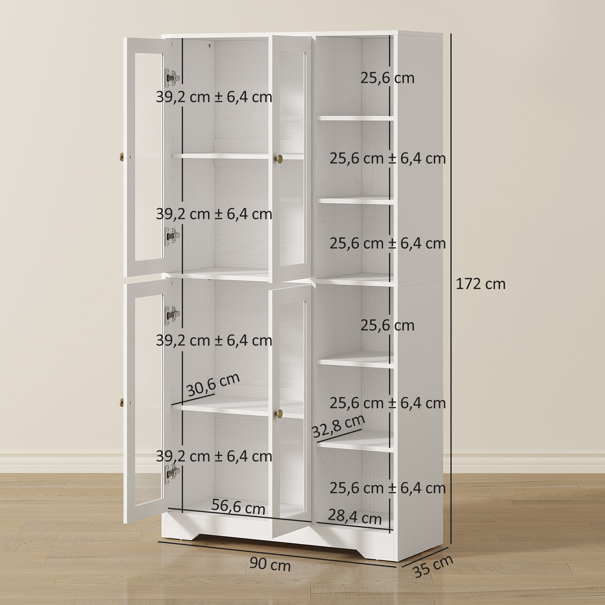 Aparador alto de cocina, vitrina con 4 puertas de cierre suave de vidrio templado, 90x35x172cm, blanco