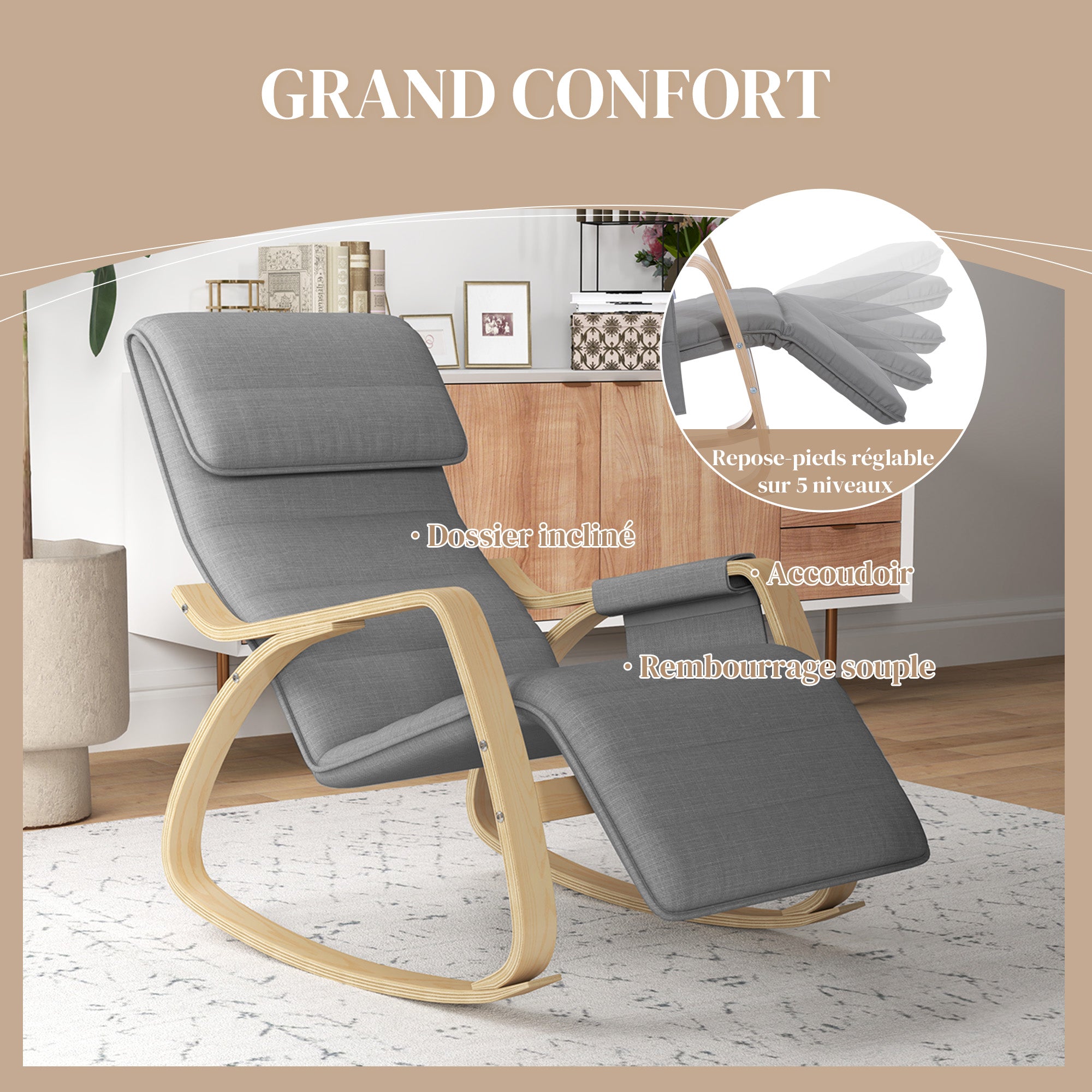 Rocking relaxation chair, nursing chair with adjustable footrest, side pocket and headrest, gray