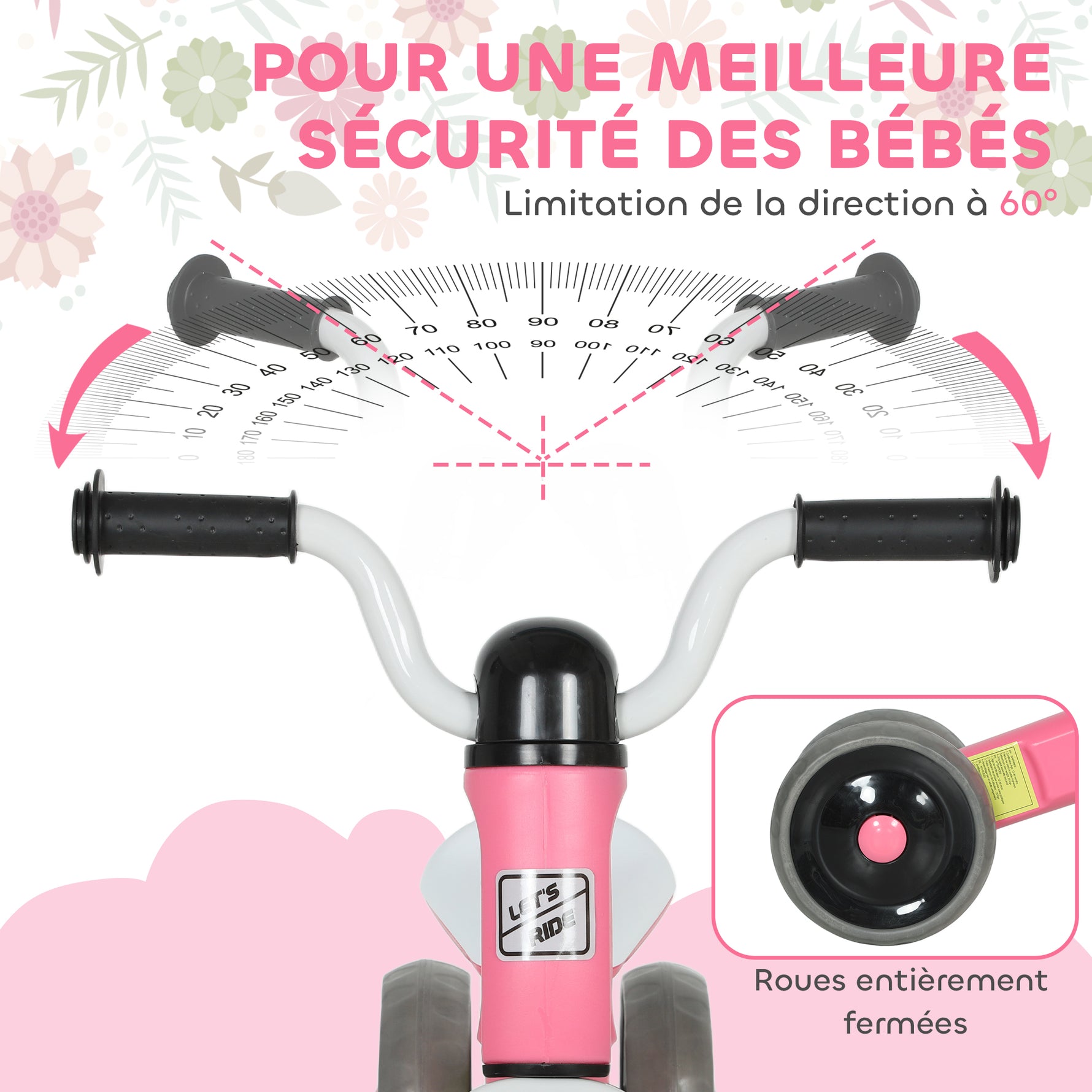 Draisienne bébé 1-3 ans jusqu'à 20 kg, vélo enfants sans pédale, 3 roues silencieuses, 69 x 40 x 49 cm, rose