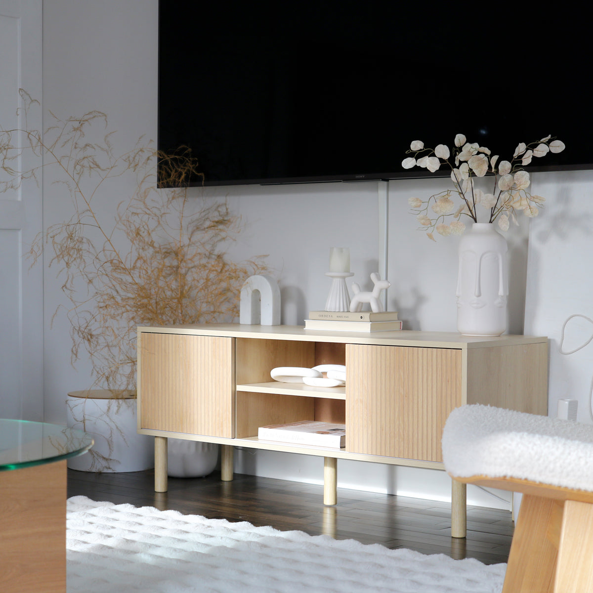 TV-Lowboard für Fernseher bis 50 Zoll, 2 Schiebetüren und 2 Fächer mit Kabeldurchlass - 115 x 40 x 49 cm