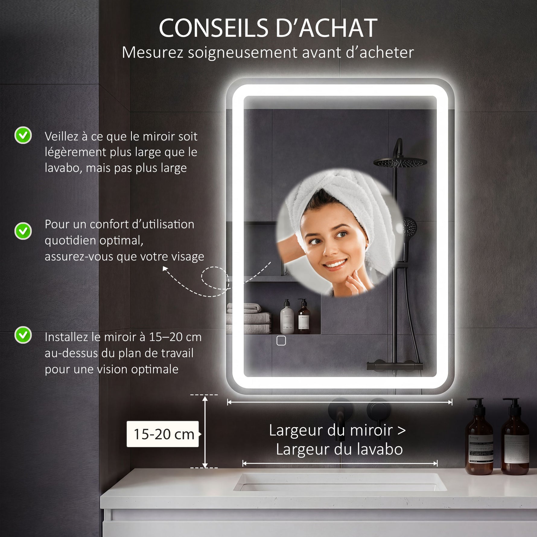 Miroir de salle de bain rectangulaire LED fonction anti-buée luminosité réglable fonction mémoire 70 x 90 cm argent