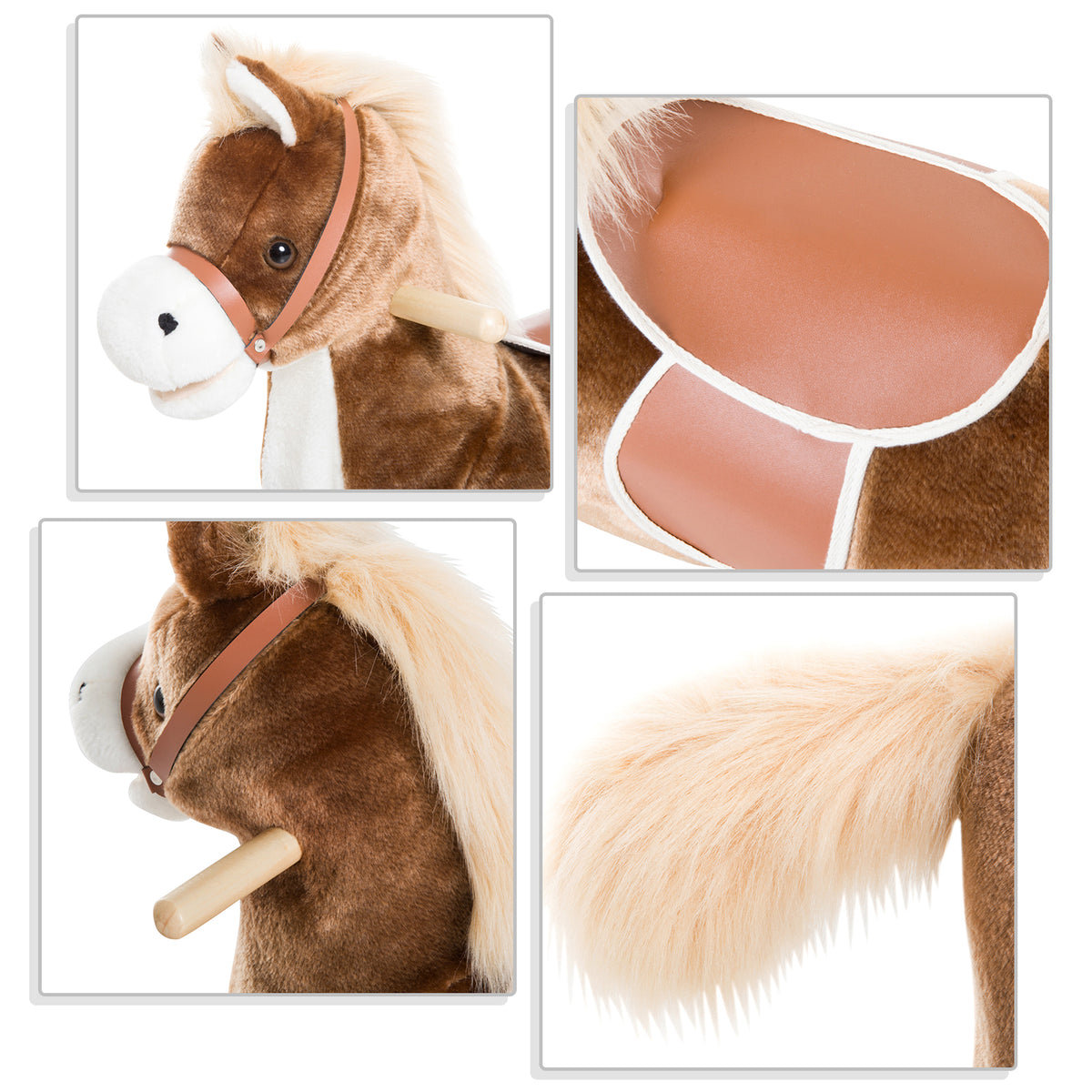 Cheval à Bascule Cheval de Cowboy Selle Grand Confort pour Enfants de 36+Mois Peluche Courte Douce Bois peuplier Charge 40 Kg Marron