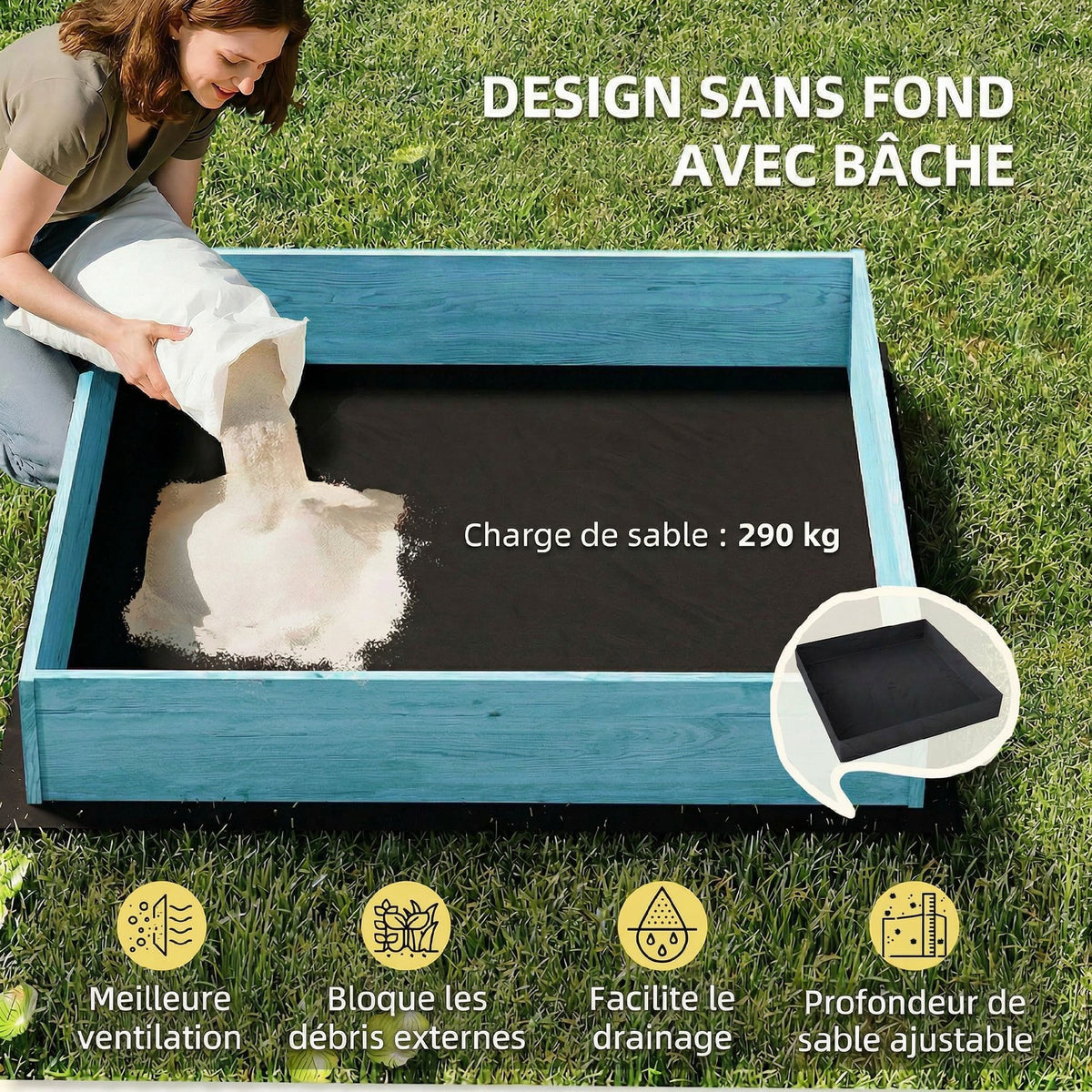 Sandkasten aus Holz mit Deckel, Outdoor-Sandkasten für Kinder mit klappbaren Sitzen und bedruckter Plane mit blauen Flamingos