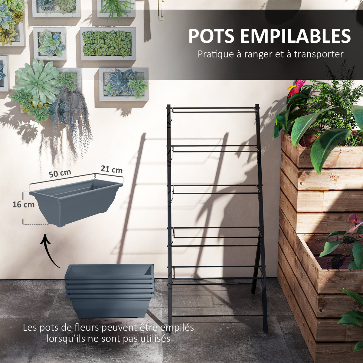 Jardinière surélevée avec étages jardinière verticale avec 5 bacs à fleurs trous de drainage cadre en acier gris